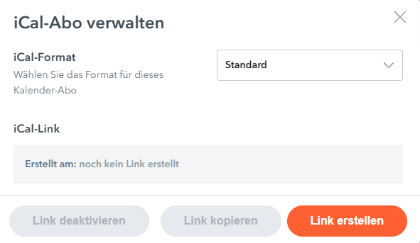WebUntis-Dialog iCal-Abo verwalten mit Format Standard und dem Knopf Link erstellen
