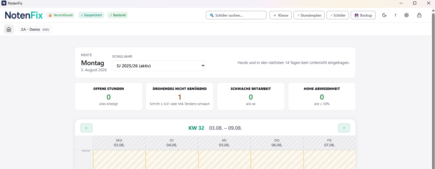 NotenFix Dashboard mit Frühwarn-Kacheln und Wochenkalender