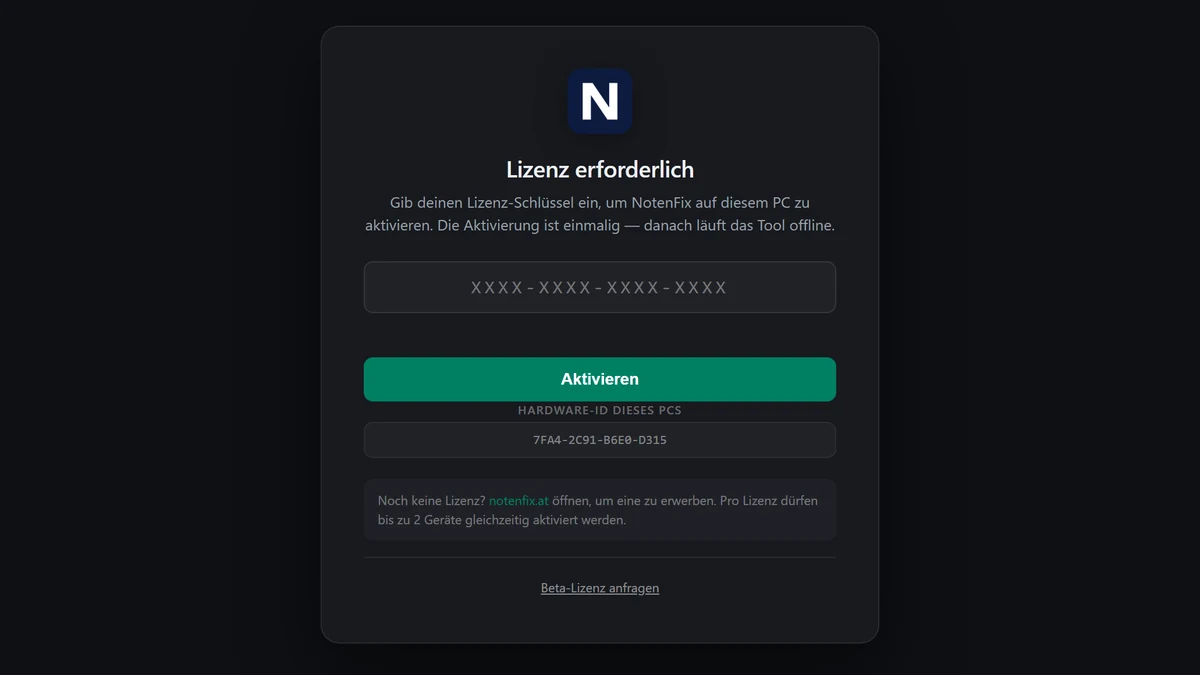 Aktivierungsfenster von NotenFix mit Eingabefeld für den Lizenz-Schlüssel