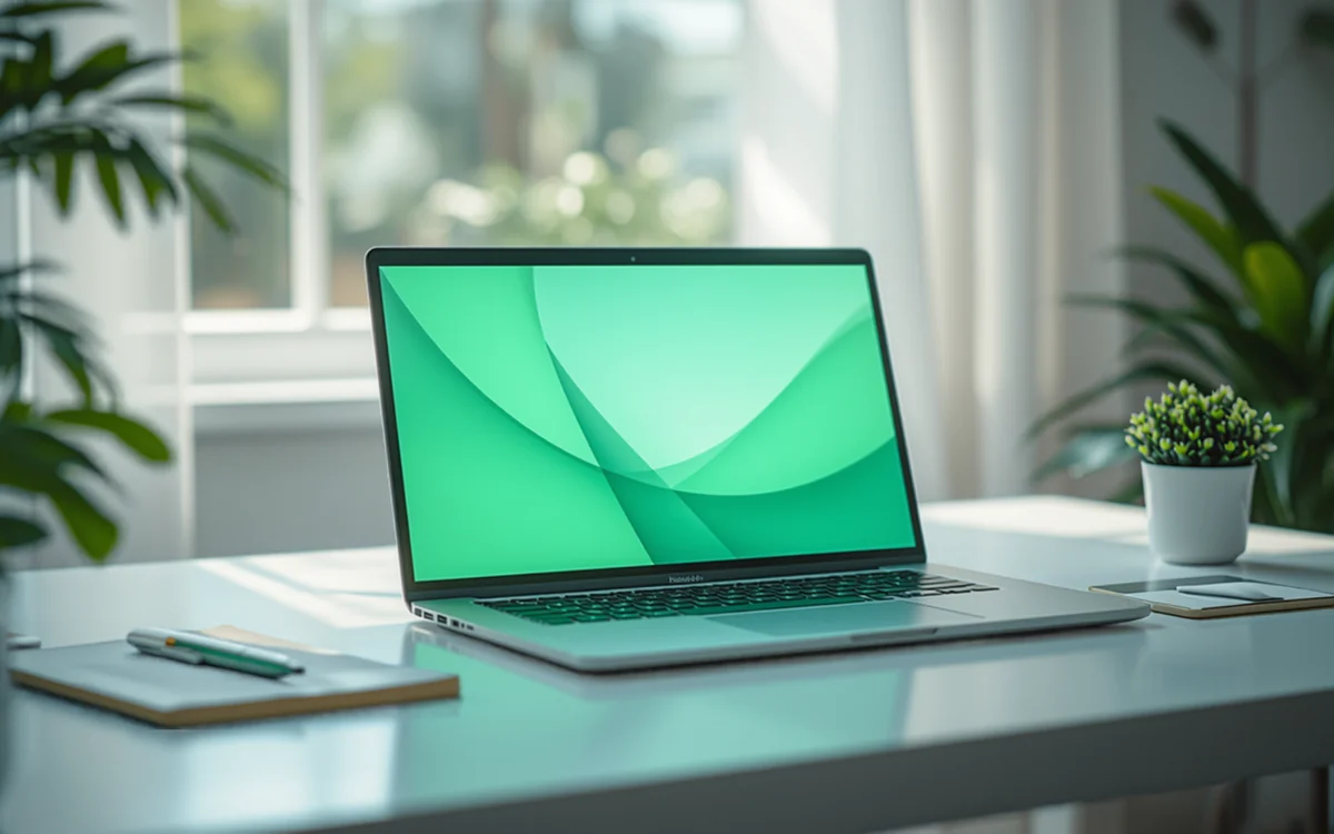Laptop mit grünem Bildschirm auf einem hellen Schreibtisch