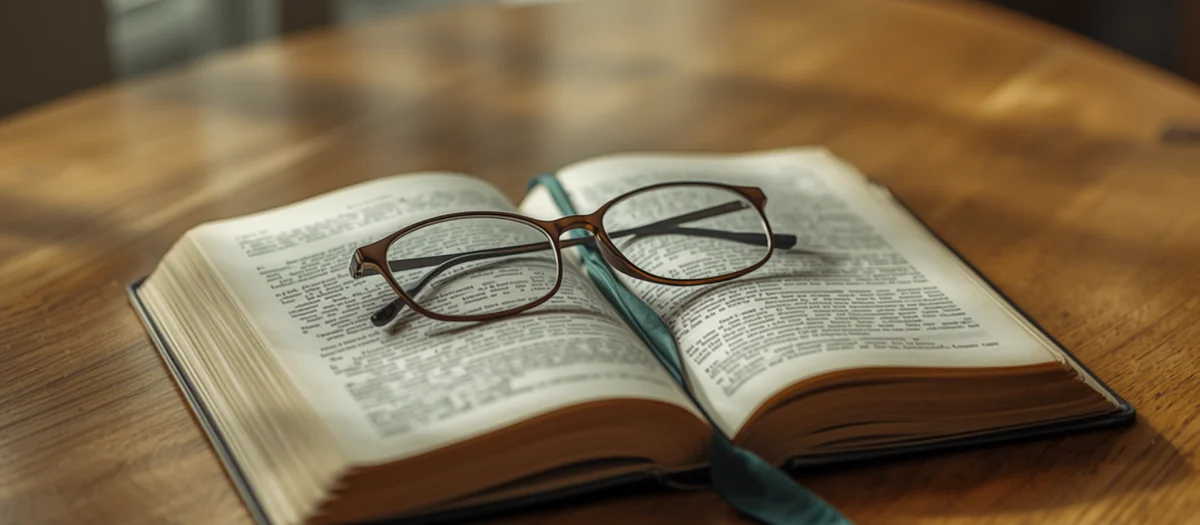 Aufgeschlagenes Gesetzbuch mit Lesebrille