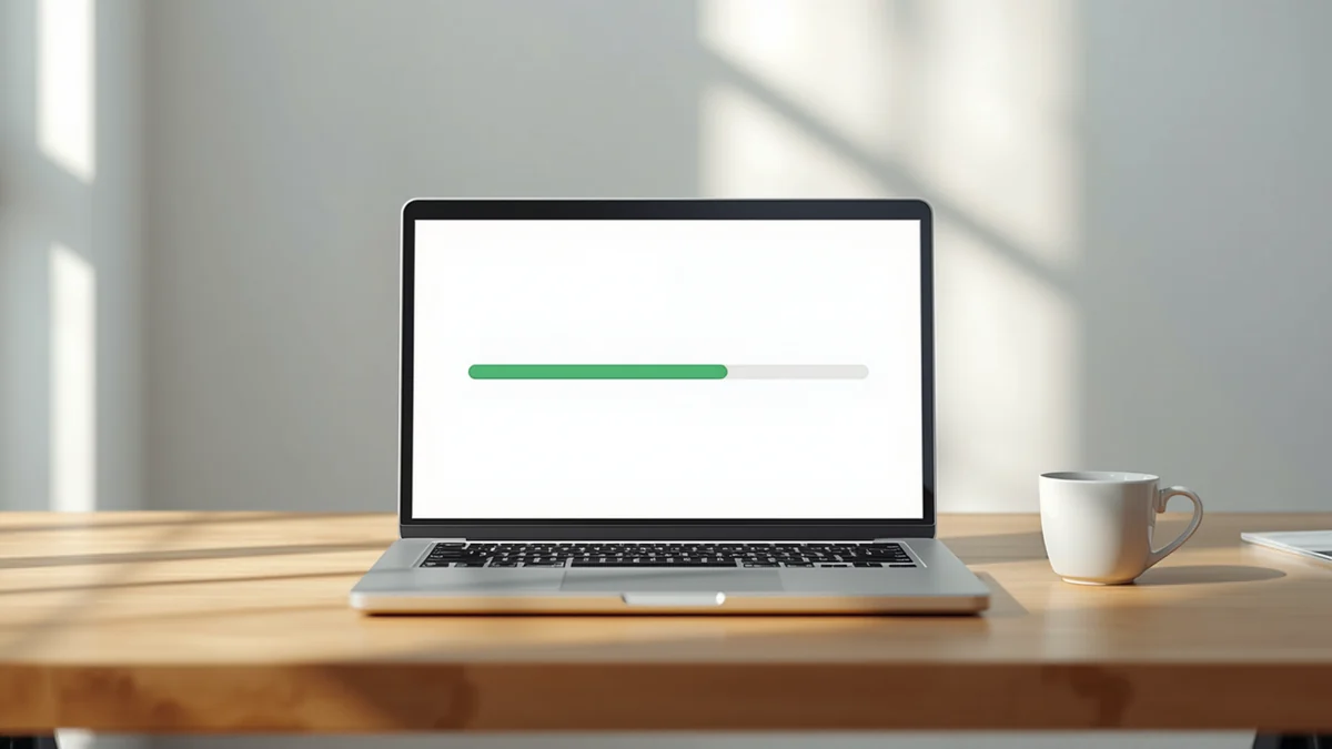 Laptop mit grünem Fortschrittsbalken am Bildschirm