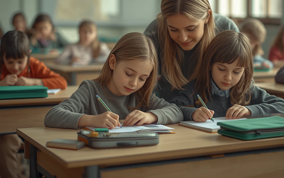 Lehrerin hilft zwei Kindern beim Schreiben im Klassenzimmer