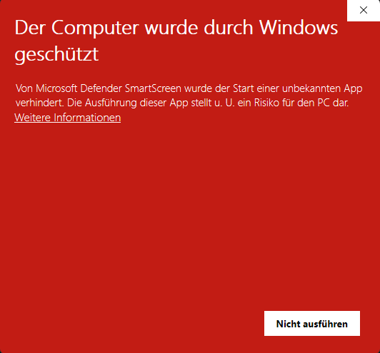 Roter Windows-Dialog mit der Überschrift „Der Computer wurde durch Windows geschützt“ und dem Link „Weitere Informationen“.